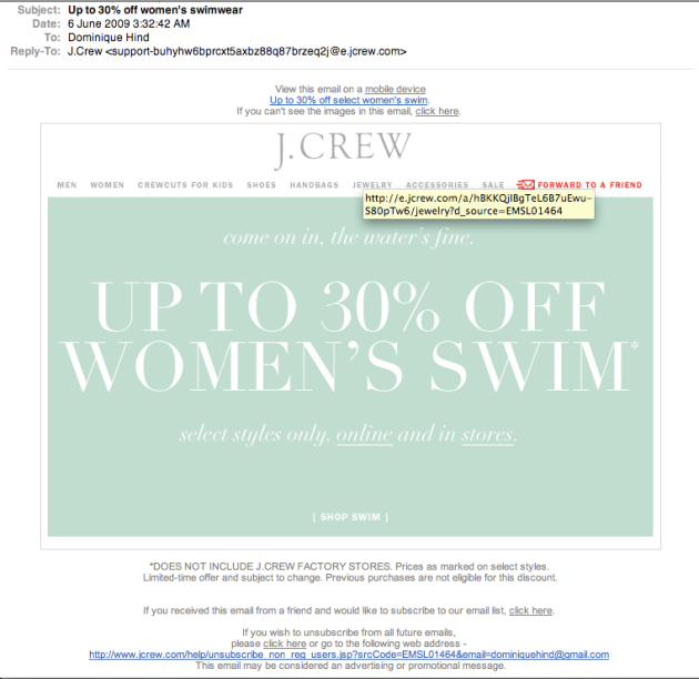 JCrew 30% Discount Woman's Swim email