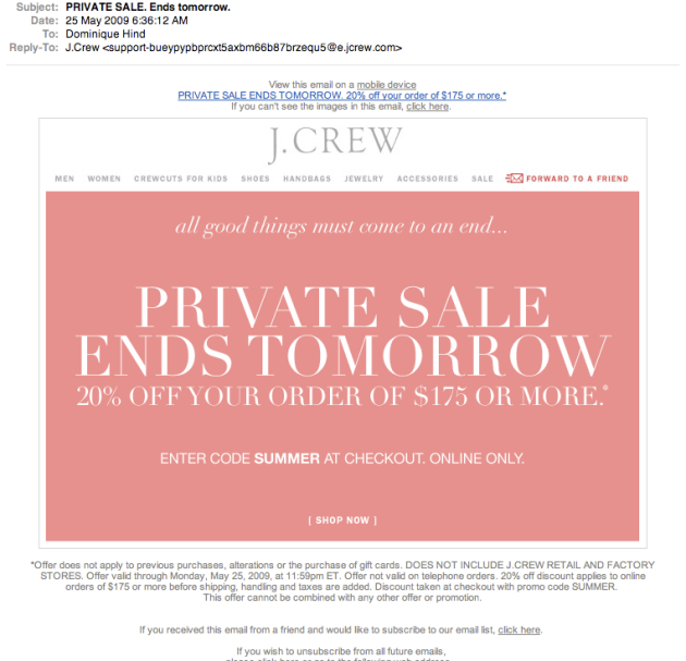 JCrew Private Sale email