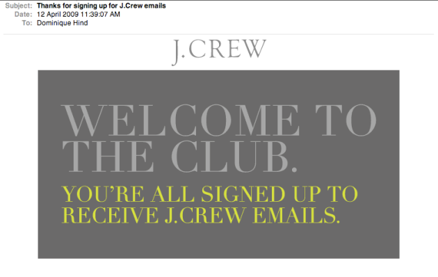 JCrew Welcome to The Club email