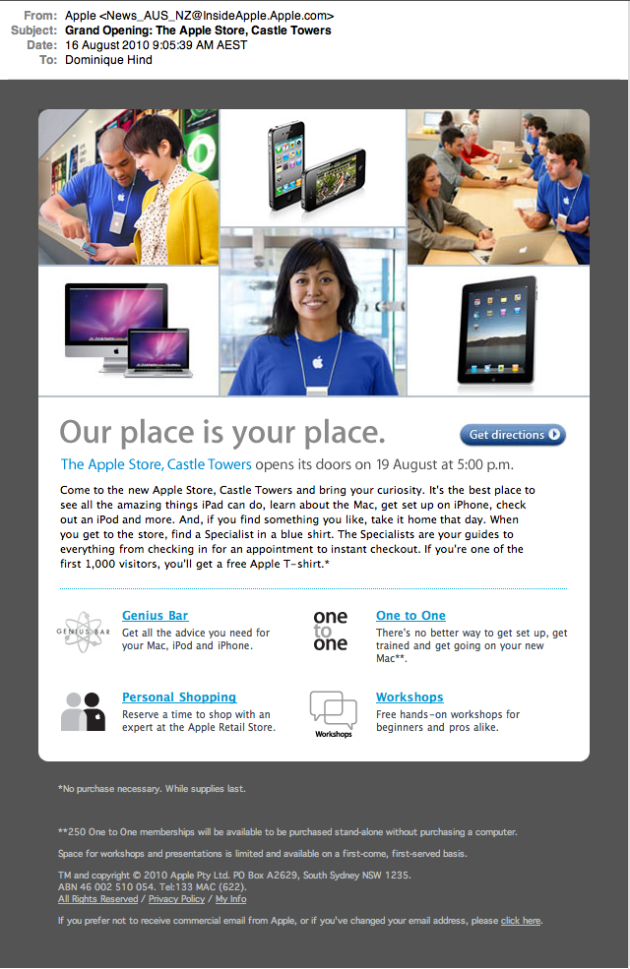 Apple email - new store opening - Castle Hill - sent 16th August 2010
