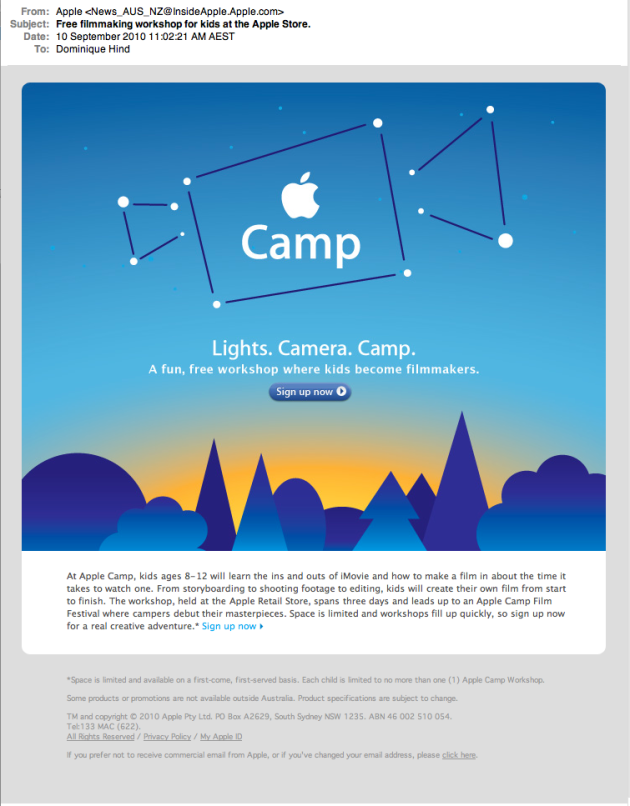 Apple kids Filmmaker Camp email - 10 September 2010